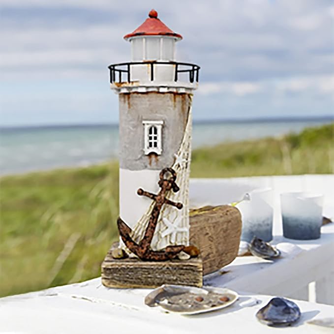 Linfevisi Wood Lighthouse Decor Rustic LED Light House Decor Wooden Decorative Nautical Lighthouse Statue Coastal Beach Themed Lighthouse Handcrafted Tabletop Decoration Home Bathroom (11.4")-Ruum Studio Home