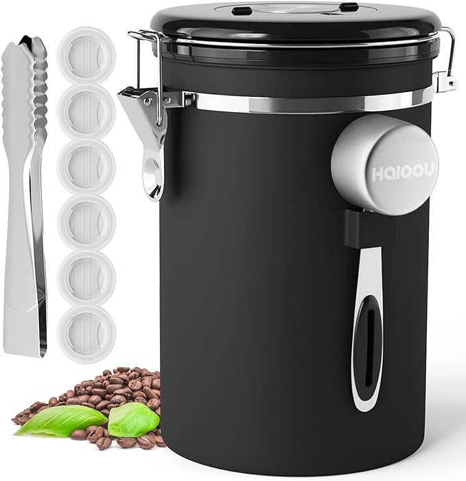 HAIOOU Airtight Coffee Canister, 22OZ Large Stainless Steel Coffee Bean Storage Container with Date Tracker, Measuring Scoop, 6Pcs CO2 Valves and Mini Tongs for Beans, Grounds, Sugar and more - Black-Ruum Studio Home