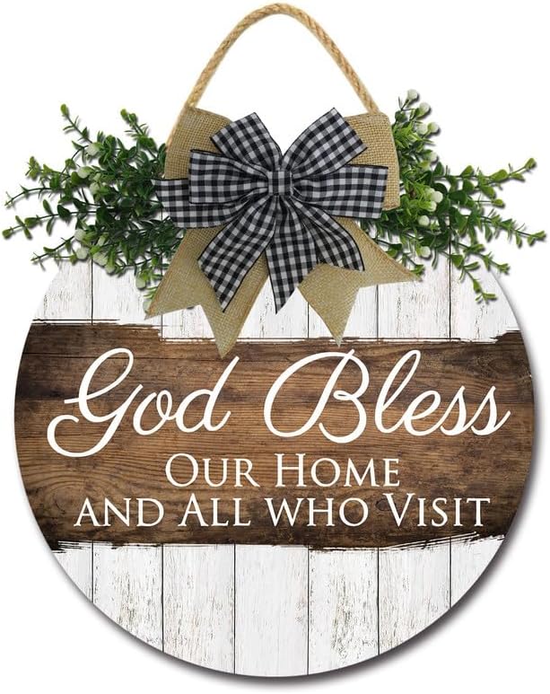FemiaD God Bless This Home and All Who Enter Sign for Front Door Funny Wreaths Hanging Wooden Plaque Decoration Round Rustic Wood Farmhouse Porch Decor for Home Front Door Decor 11inch-Ruum Studio Home