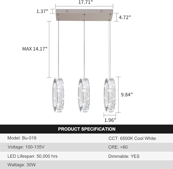 Buccleuch 3-Ring Crystal Chandelier, Dimmable LED Pendant Light Fixture Adjustable Stainless Steel Pendant Light, Silver Crystal Chandeliers for Dining Room, Bedroom, Living Room-Ruum Studio Home
