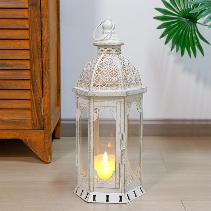 JHY DESIGN Decorative Candle Lantern 15''H Vintage Metal Candle Holder for Garden Living Room Indoor Outdoor Parties Weddings Patio(White with Gold Brush)-Ruum Studio Home