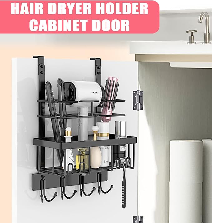 REFLYING Over-the-Door Hairdryer and Styling Tool Organizer, Metal, Black, 3 Compartments, 8 Hooks, 15"H x 10"W x 4.7"D-Ruum Studio Home