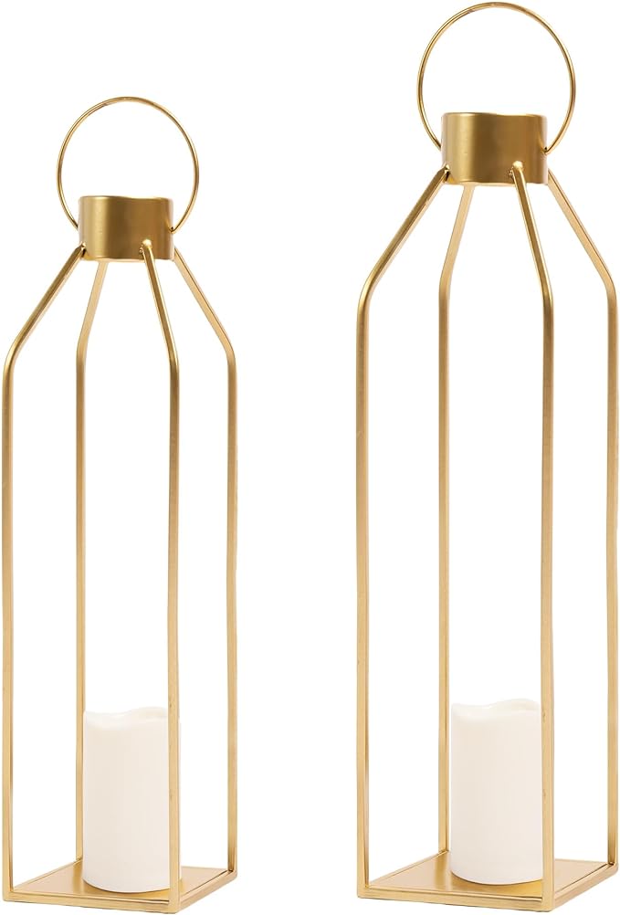 HPC Decor Modern Farmhouse Lantern - 22'' 19'' Large Tall Gold Metal Candle Lanterns with Timer Flickering Candles for Living Room, Outdoor, Fireplace Mantle Decor-Ruum Studio Home