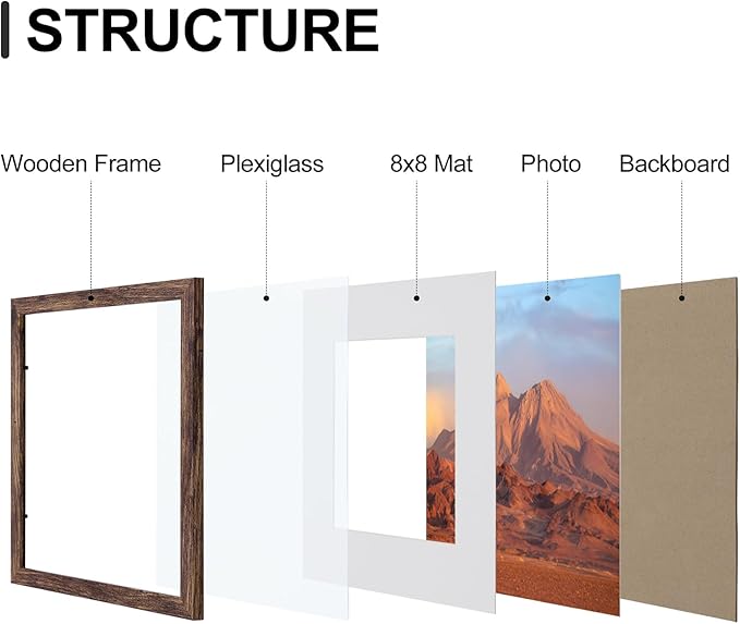 Vittanly 12x12 Picture Frames Set of 9, Shatter Resistant Plexiglass, Display 8x8 Pictures with Mat or 12x12 without Mat, Photo Frames for Wall Mount, Engineered Wood, Brown-Ruum Studio Home