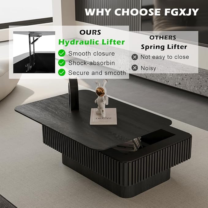 Lift Top Coffee Table with Storage, Solid Wood Coffee Table with Adjustable Height, Fluted Center Table Accent Tea Table for Living Room, Apartment, Office (38.6" Black)-Ruum Studio Home