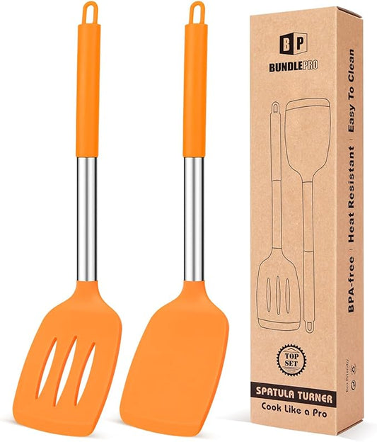 Pack of 2 Silicone Solid Turner, Non Stick Slotted Kitchen Spatulas, High Heat Resistant BPA Free Cooking Utensils, Ideal Cookware for Fish, Eggs, Pancakes (ORANGE)-Ruum Studio Home