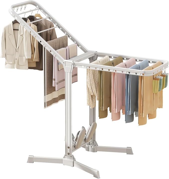 Heavy Duty Clothes Drying Rack Foldable, Aluminum Large Drying Rack Clothing with 2 Height-Adjustable Drying Wings, Laundry Racks for Drying Clothes,Easy to Fold,Indoor Outdoor Use-Ruum Studio Home