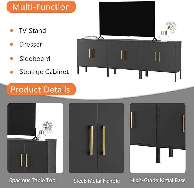 LYNSOM TV Stand for 85 Inch TV, Media Entertainment Center Console Table, 3 Cabinets, TV Console Table with Storage Cabinet for Bedroom, Living Room, Entertainment Room (Black)-Ruum Studio Home