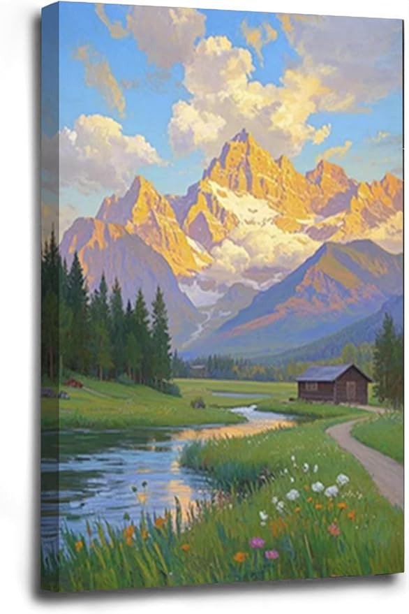 The mountain stream and lawn scenery under the sun is suitable for posting in the living room bedroom office landscape poster wall painting-Ruum Studio Home
