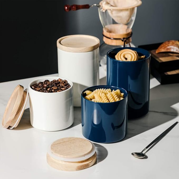 Sweejar Kitchen Canisters Ceramic Food Storage Jar, Stackable Containers with Airtight Seal Wooden Lid for Serving Ground Coffee, Tea, Sugar, Salt and More - 28 Fl Oz (White)-Ruum Studio Home