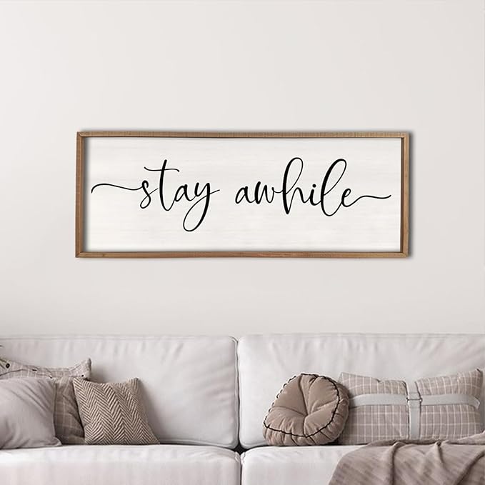 Stay Awhile Sign Wall Decor 40"X15" Large Solid Wood Frame For Hallway Living Room Entryway Farmhouse Wall Art Lets Stay Family Home Rustic Hanging Decoration (Wood)-Ruum Studio Home
