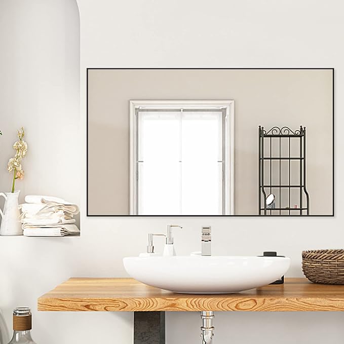 Bathroom Wall Mirror, Decorate Bathroom Mirrors for Wall, Rectangle Modern Bathroom Wall Mounted Mirror Vertical or Horizontal Hanging for Living Room (Black Framed 40’’ x 24’’)-Ruum Studio Home