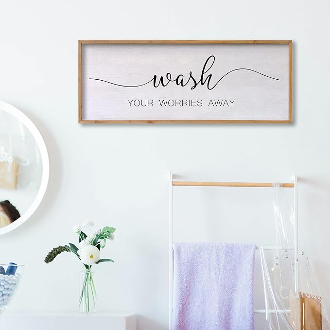 Wash Your Worries Away Bathroom Wall Art 24×10 Inch Wood Framed Decor Funny for Laundry Room Restroom Modern Rustic Inspirational Sign (Wood)-Ruum Studio Home