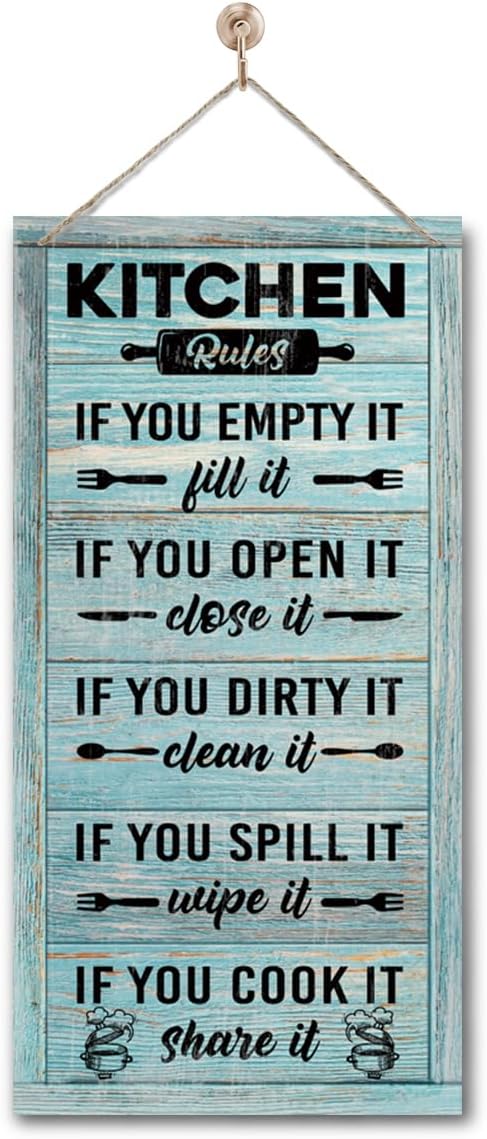Hanging Kitchen Rules Wood Decor Sign, Rustic Kitchen Wooden Signs, Printed Wood Wall Art Sign, Kitchen Door Rules Rustic Sign, Hanging Wood Sign Kitchen Decor, Funny Farmhouse Kitchen Wall Décor C1-Ruum Studio Home