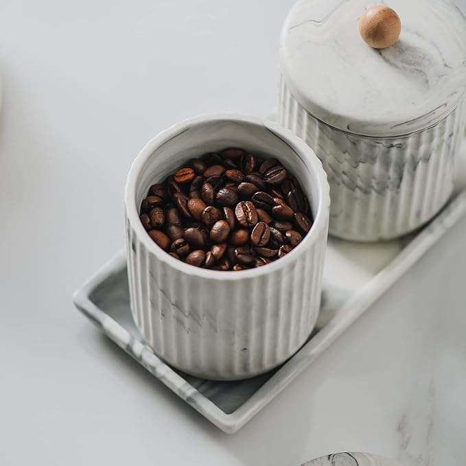 Marble Small Bathroom Jar Set ，Ceramic Cotton Swabs Holder with Lid and Dresser Organizer Set Tray for Storage and Organizing in Bathroom, Dresser, Kitchen, Office-Ruum Studio Home