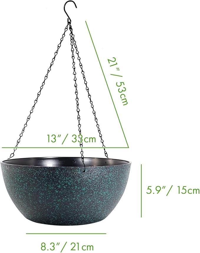 WOUSIWER 13 inch 2 Pack Large Hanging Planters for Indoor Outdoor Plants with Drainage Holes and Chain, Round Hanging Flower Pots for Garden Home Porch Decor, Black with Green Speckles-Ruum Studio Home