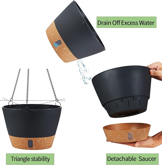 2 Pack Hanging Planters for Indoor Outdoor Plants, 10 Inch Hanging Flower Pot Basket with Drainage Hole with Removable Tray&Hooks Self Watering Plant Pot for Hanging Plants, Dark Grey-Ruum Studio Home