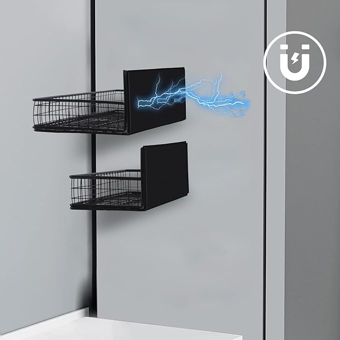 Magnetic Storage Basket, Magnetic Shelf for Fridge,Magnetic Spice Rack Wire Mesh Magnetic Organizer Holder Accessories for Office Kitchen Classroom Storage, Black-Short, Large x1&Small x1 Set of 2-Ruum Studio Home