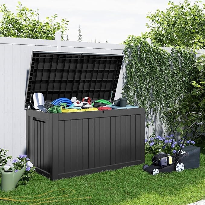 230 Gallon Resin Deck Box, Lockable Patio Outdoor Storage Box for Furniture, Garden Tools and Tools Storage, Waterproof Outside Storage Boxes - Black-Ruum Studio Home