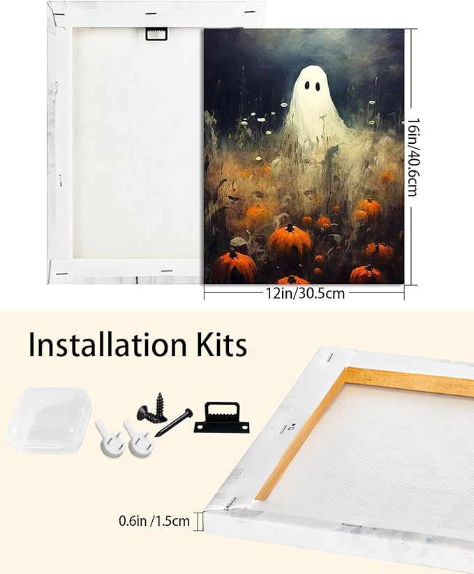 Halloween Canvas Wall Art, Spooky Ghost in Pumpkin Patch Poster, Vintage Gothic Fall Decor, Dark Academia Fall Decor for Living Room, Framed Indoor Halloween Decorations-Ruum Studio Home