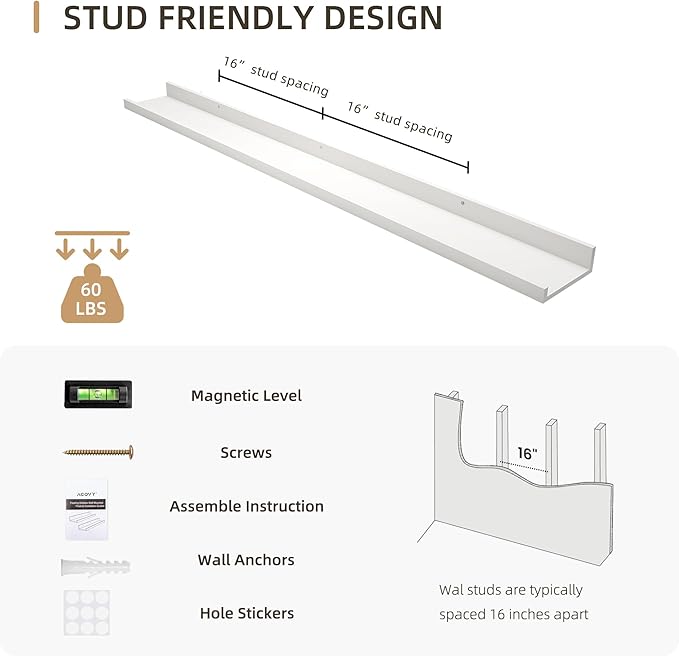 Picture Ledge Shelf, Wood Long Floating Shelves for Wall, Set of 2, 48 inch Picture Ledge Shelves, Photo Ledge Nursery Book Shelves Wall Mounted for Living Room Kids' Room Bedroom, Color White-Ruum Studio Home