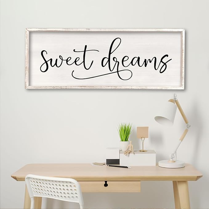 comurdyo Sweet Dreams Wall Decor Above Bed Sign 32" x 12" Master Bedroom Wooden Antique Framed Large Rustic Farmhouse Guest Room Beautiful Simple Hanging Plaque Over Bed Wall Art (White)-Ruum Studio Home