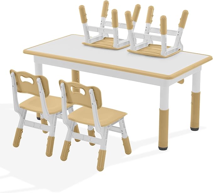 Kids Study Table and Chairs Set, Height Adjustable Toddler Table and Chair Set for Kids Ages 3-8, Graffiti Desktop (Light Brown)-Ruum Studio Home