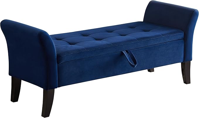 Furniliving Storage Ottoman Bench, Velvet Benches End of Bed Bench with Solid Wood Legs Upholstered Ottoman Bench with Storage Indoor Bench for Living Room with Rolled Arm, Entryway, NavyBlue-Ruum Studio Home