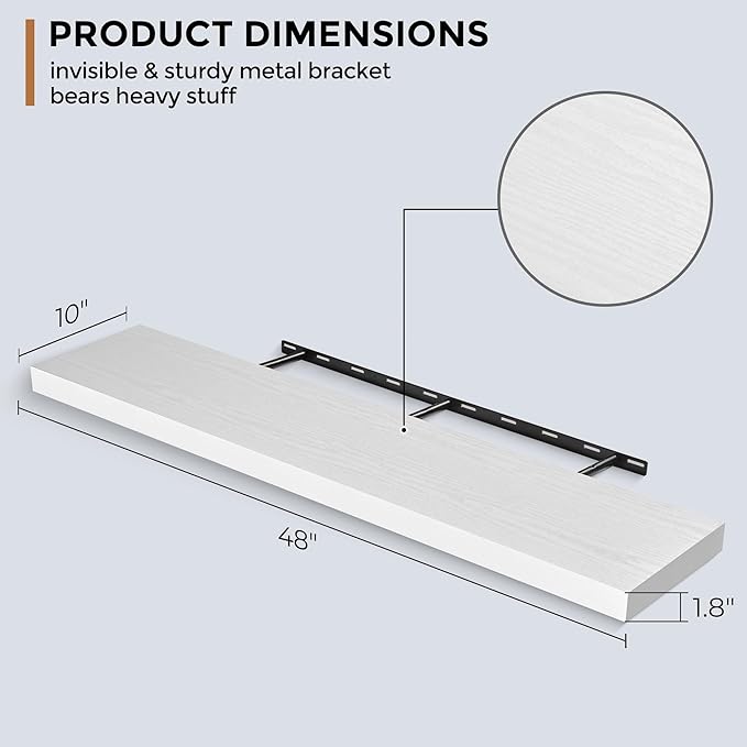 Floating Shelves - 10.3 Inch Deep Wall Shelf for Decor & Storage - Wall Mounted Display Shelving with Invisible Heavy-Duty Metal Bracket - 48" W x 10.3" D x 1.8" H - Set of 1 - Rustic White-Ruum Studio Home