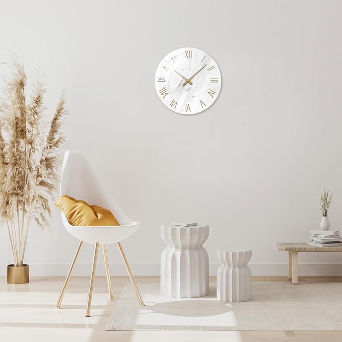White Small Wall Clocks Battery Operated Marble Analog Clock for Bedroom 12 Inch Round Silent Wall Clock Modern-Ruum Studio Home