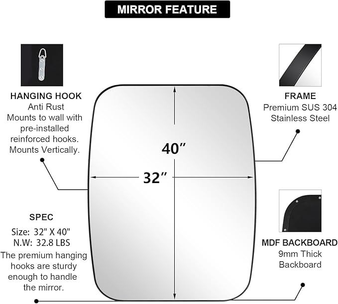 ANDY STAR Black Oblong Mirror, 32x40 Inch Black Oval Mirror for Bathroom with Stainless Steel Metal Frame, Wall Mouned for Bathroom, Living Room, Entryway-Ruum Studio Home