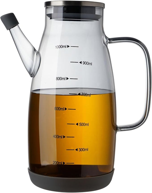 Large Glass Oil Dispenser Bottle for Kitchen Cooking Recipiente Para Aceite De Cocina Olive Oil Vinegar Dispenser Cruet Stainless Steel Lid No Drip Liquid Container (Grey, 34oz /1000ml)-Ruum Studio Home