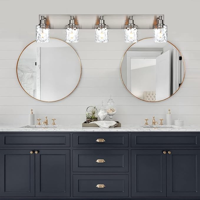 BONLICHT 5 Lights Sconces Wall Lighting Brushed Nickel with Hammered Glass Shade, Industrial Bathroom Light Fixtures Vanity Lights Porch Light Fixtures Classic Metal Wall Mount Lamp Over Mirror-Ruum Studio Home