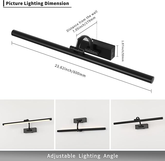 Dimmable Black Picture Lights with Remote and Timer Wireless Art Lights Rechargeable Gallery Lighting for Canvas Portrait 24'' Inch 5W Warm White-Ruum Studio Home