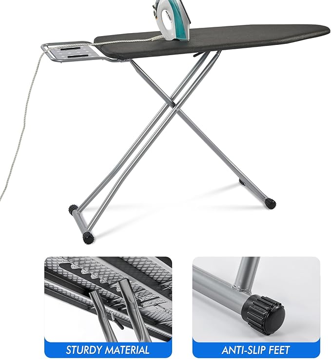 Ironing Board, Heat Resistant Cover Iron Board with Steam Rest, Non-Slip Foldable Ironing Stand. Heavy Sturdy Metal Frame Legs Iron Stand(13 * 34 * 53 Inches) (Silver Black)-Ruum Studio Home