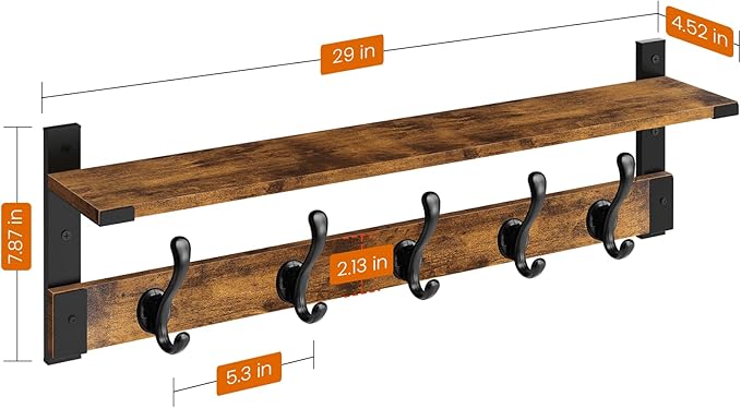 Homode Coat Rack Wall Mount, 29 Inch Long Shelf with Hooks, Wood Entryway Shelf with 5 Hangers for Hanging Hat Jacket Backpack Purse, Rustic Brown Black-Ruum Studio Home