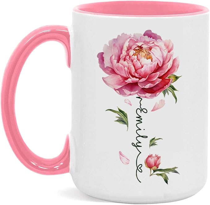 Flower Design Mug With Custom Name, Unique Peony Flower Ceramic Cup, Customized Flower Lover Coffee Mug, Personalized Peony Themed Decorative Cup, Novelty Peony Accent Mug 11oz 15oz-Ruum Studio Home
