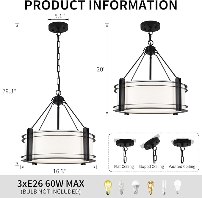 16.3''Black Drum Chandelier 3-Light Modern Farmhouse Chandelier with White Fabric Shade Adjustable Drum Pendant Light Fixture for Dining Room Kitchen Island Hallway Living Bedroom-Ruum Studio Home