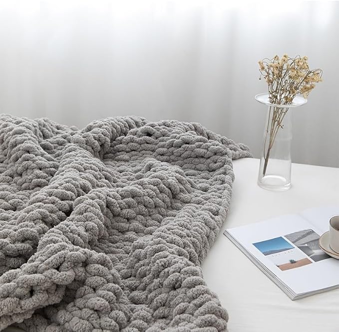 Chunky Knit Blanket Throw 40"×40", Hand Knitted Warm Chenille Throw Blanket, Home Decor Soft Thick Yarn Cable Knit Blanket, Soft Breathable Fleece Banket Christmas for Couch Bed Sofa Best Gift (Gray)-Ruum Studio Home