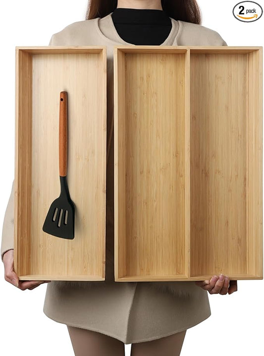 2-Piece V-Shaped Bamboo Drawer Organizer - Ideal for Kitchen's Large Long Tableware, Cooking Utensils, Flatware, Silverware - Wood Storage Box for Home, Bedroom, Bathroom (19.6"x12.4" & 19.6"x7.8")-Ruum Studio Home