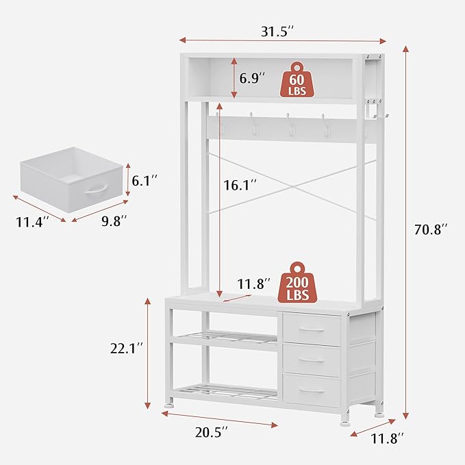Lulive Hall Tree with Bench and Shoe Storage, 31.5" Coat Rack Freestanding with 2-Tier Storage Shelf, 5-in-1 Entryway Bench Coat Rack with 12 Hooks and 3 Drawers(White)-Ruum Studio Home