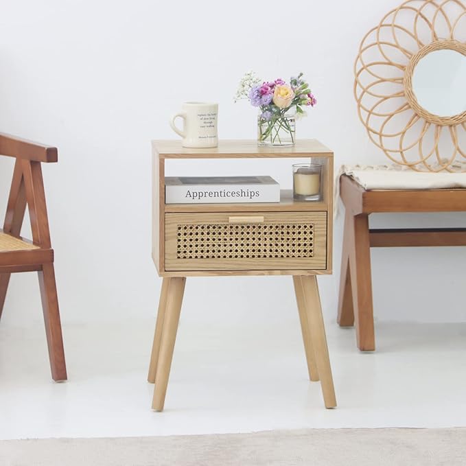 MaxSmeo Bedside Table, Small Nightstand with Charging Station, Rattan Side Table Wood End Table for Living Room, Bedroom and Small Spaces, Mid Century Modern Nightstand, Easy Assembly (Natural)-Ruum Studio Home