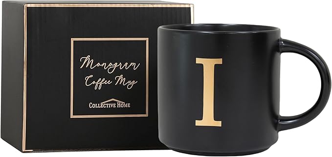 COLLECTIVE HOME - Monogram Ceramic Mugs, 15 oz Golden Initial Black Coffee Cups, Elegant Alphabet Tea Mugs, Elegant Personalized Mug with Gift Box, Unique Mug with Double Side Capital Lette (I)-Ruum Studio Home