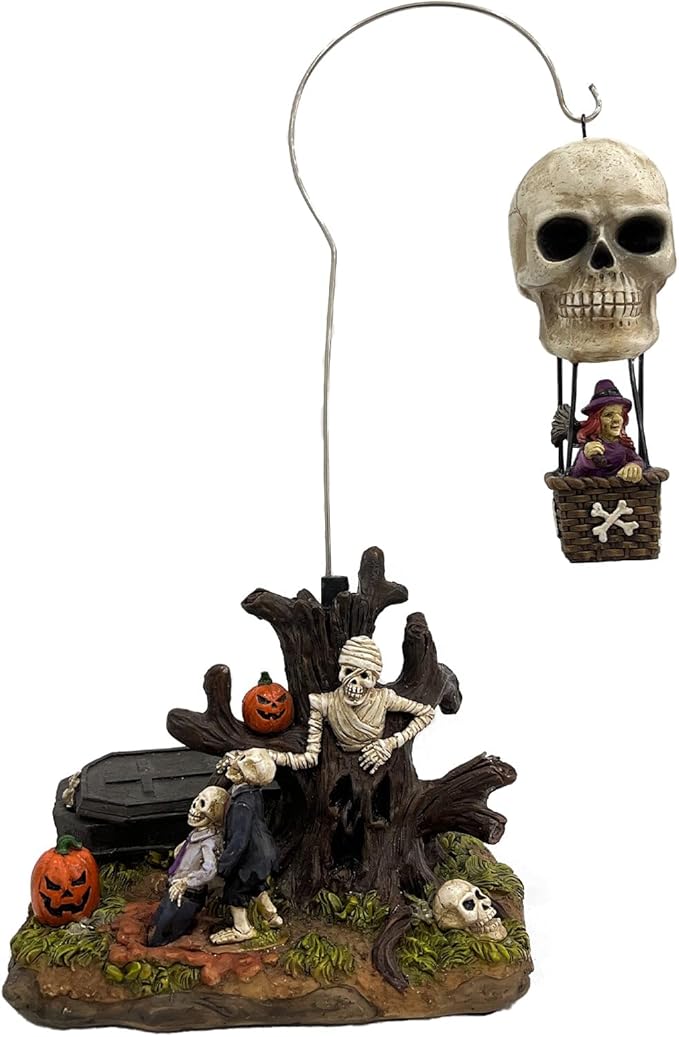 Animated Skull Balloon Ride Halloween Figurine | Spooky Town Collection Accessories with Multi-Color LED, Motion and Sound | 14.13 Inch-Ruum Studio Home
