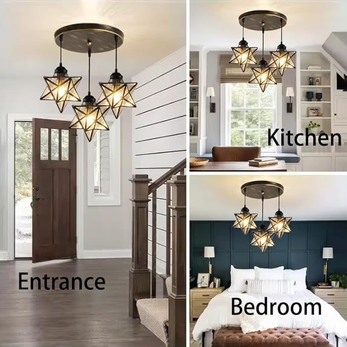 Glass Glam Chandelier Star Pendants Light Fixture Modern Elegant Ceiling Hanging Lights Included LED Warm Light Bulbs Oiled Bronze-Ruum Studio Home