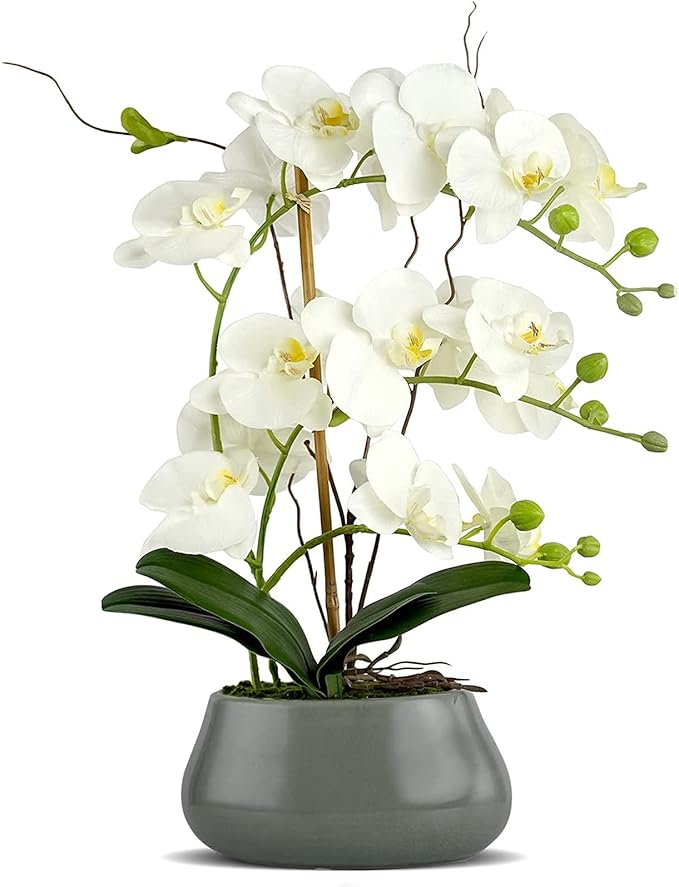 White Orchid Artificial Flowers with Gray Vase Large Silk Faux Phalaenopsis Flowers for Dining Room Table Floral Centerpieces Indoor Decoration-Ruum Studio Home