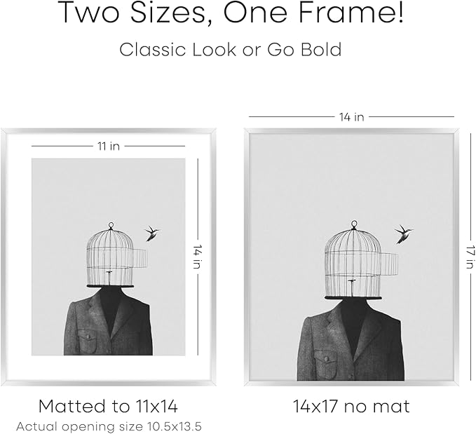 Homeforia Silver 14x17 Picture Frame, High End Metal 14 x 17 Frame with Mat 11 by 14 in Photo, 14x17 Silver Poster Frame Matted to 11x14 Print, 17x14 Hanging Frames, Tempered Glass, Wall Kit, Set of 1-Ruum Studio Home