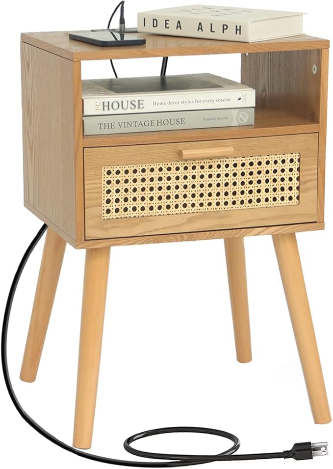 MaxSmeo Mid Century Modern Nightstand with Charging Station, Bedside Tables with Rattan Drawer, Small Wood Nightstand Side Table for Living Room,Bedroom (Brown)-Ruum Studio Home