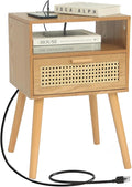 MaxSmeo Mid Century Modern Nightstand with Charging Station, Bedside Tables with Rattan Drawer, Small Wood Nightstand Side Table for Living Room,Bedroom (Brown)-Ruum Studio Home