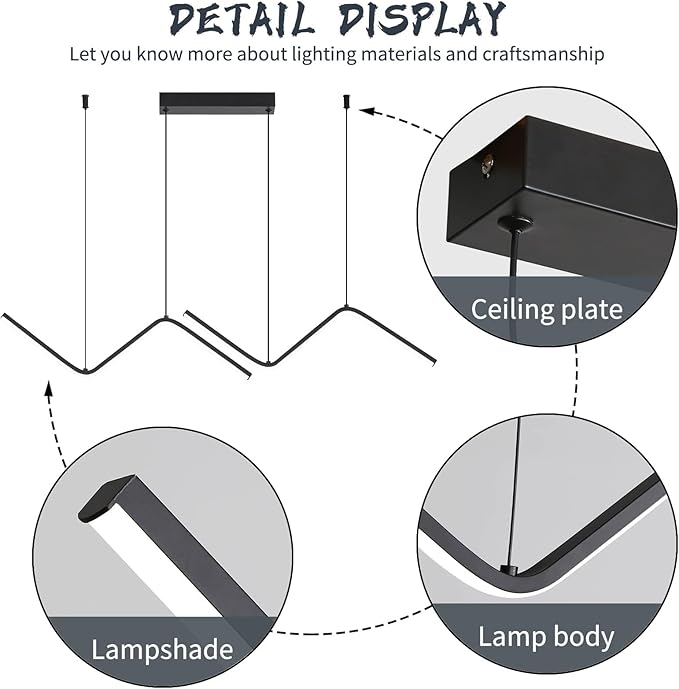 LED Modern Linear Pendant Lights, Dimmable LED Hanging Chandelier Fit Dining Room Kitchen Island, 3000K-6000K with Remote Contro Bright Light Fixture (Black, 47.2IN)-Ruum Studio Home